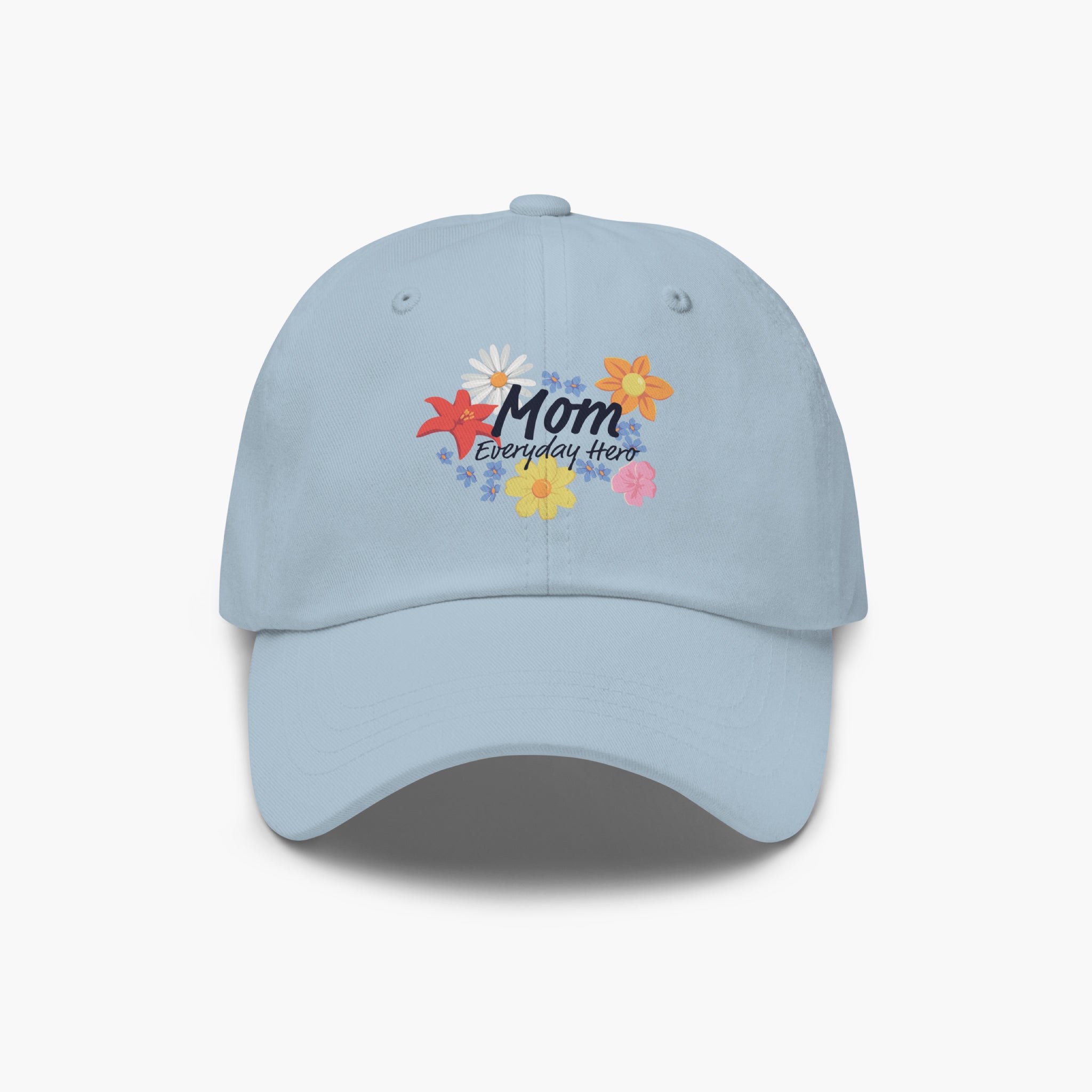 Light blue cap with colorful 'Mom Everyday Hero' text and floral print design on a white background