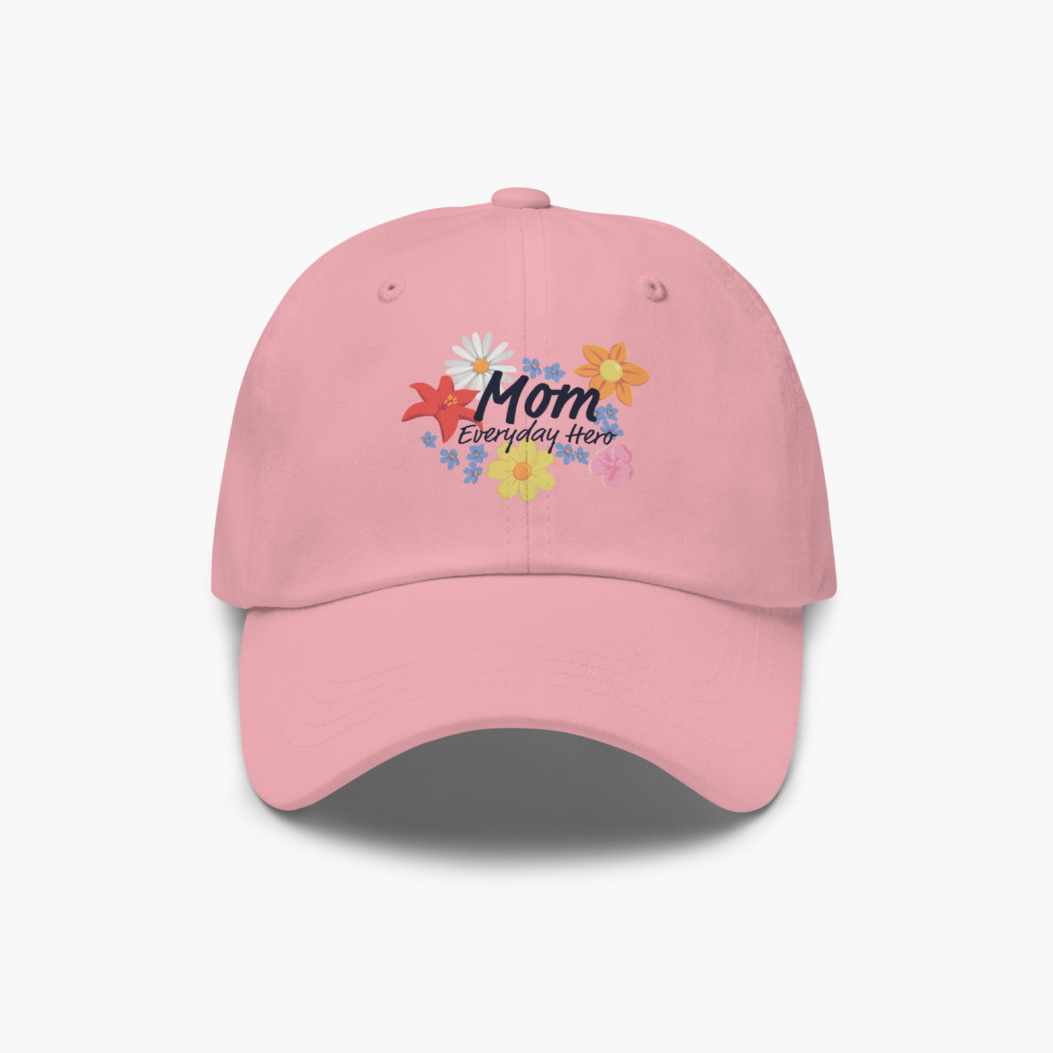 Pink cap with colorful 'Mom Everyday Hero' text and floral print design on a white background