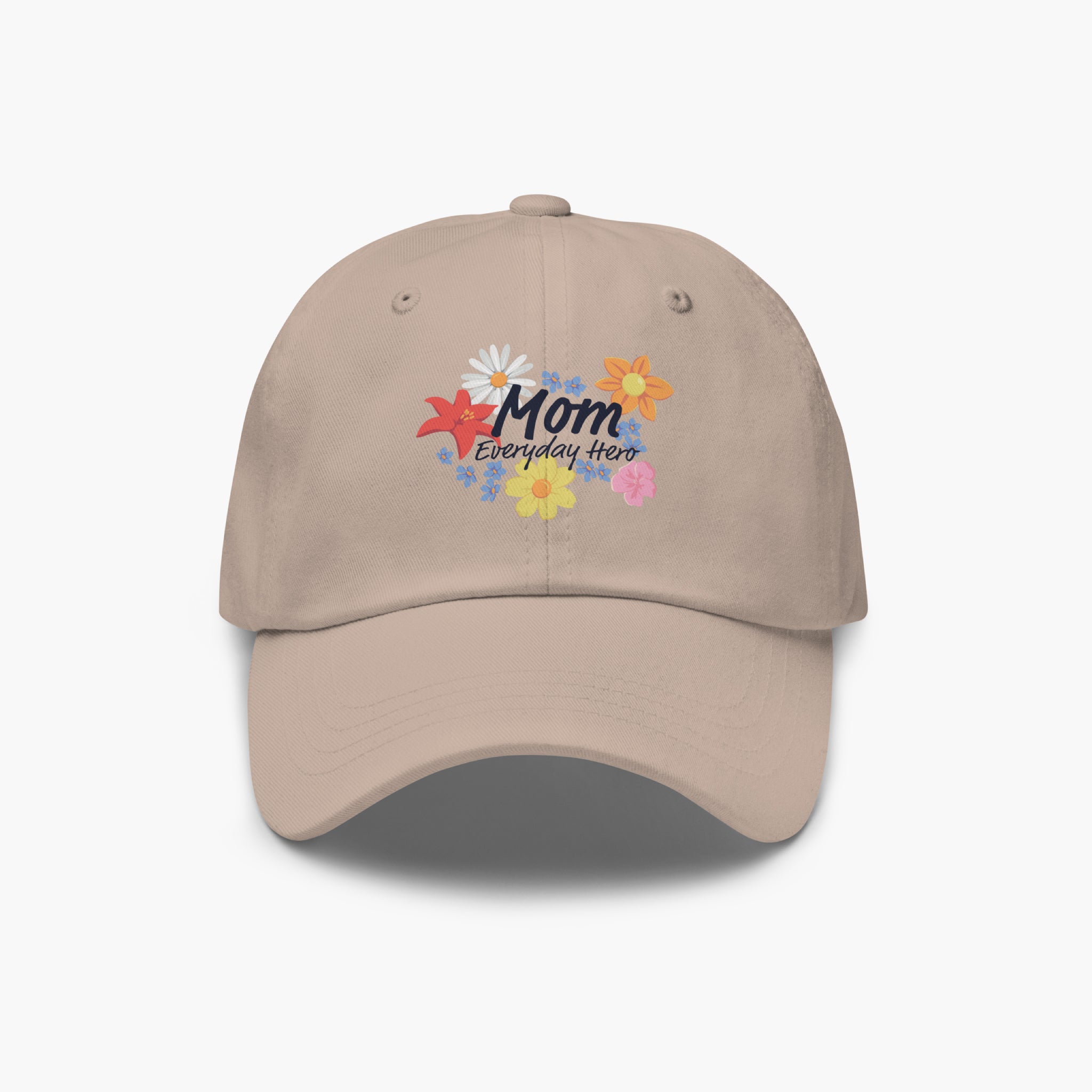 Stone colored cap with colorful 'Mom Everyday Hero' text and floral print design on a white background