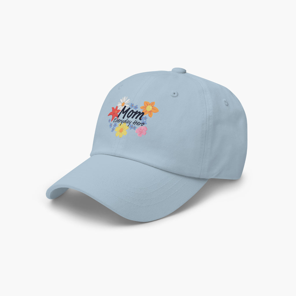 Light Blue cap with colorful 'Mom Everyday Hero' text and floral print design on a white background