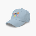 Light Blue cap with colorful 'Mom Everyday Hero' text and floral print design on a white background