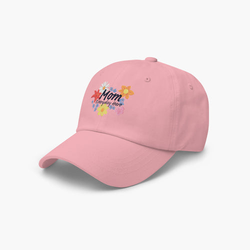 Pink cap with colorful 'Mom Everyday Hero' text and floral print design on a white background