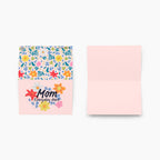 Card front and inside with floral design and 'Mom Everyday Hero' text on a white background