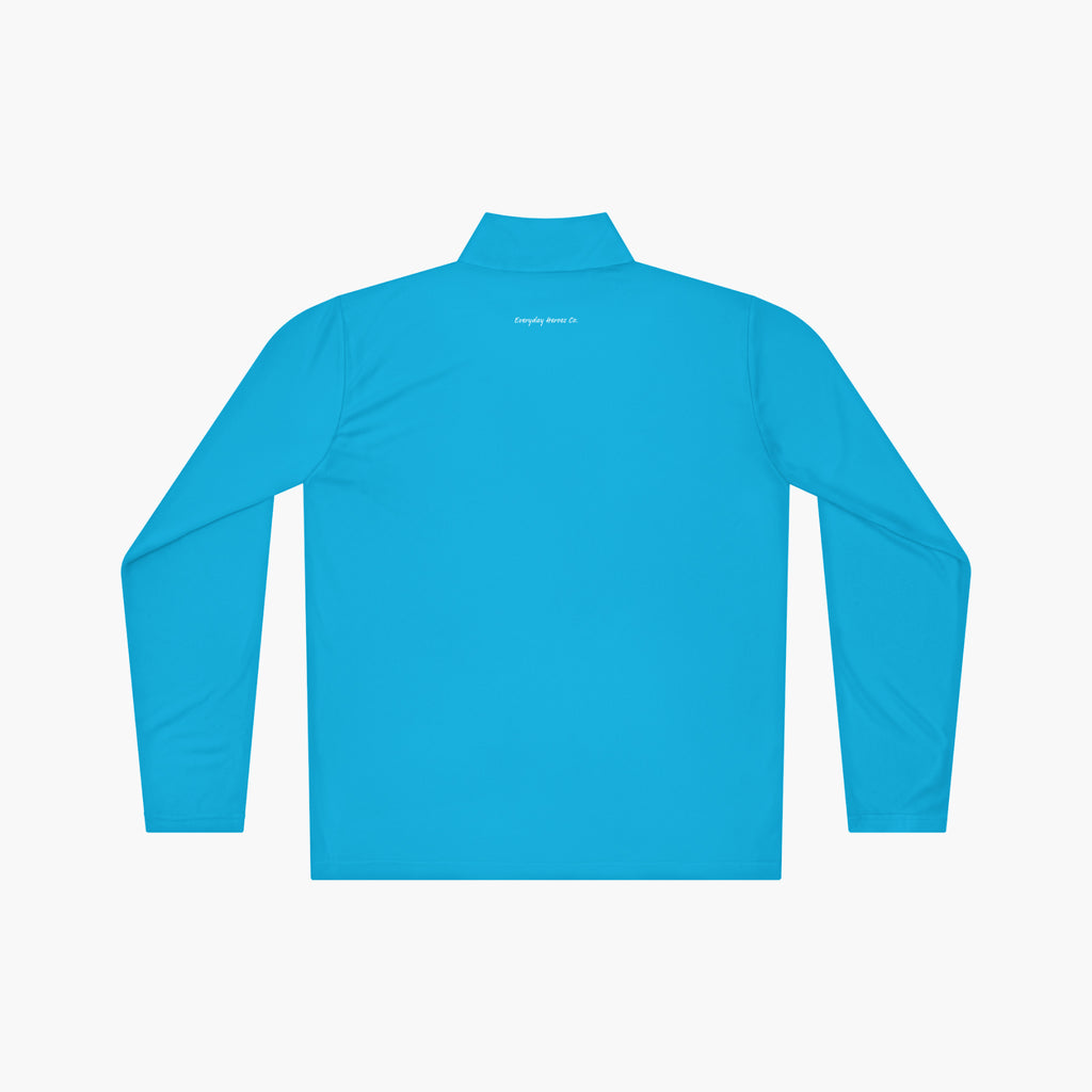 Back of cyan blue long-sleeve quarter zip with 'Everyday Heroes Co' text on a white background