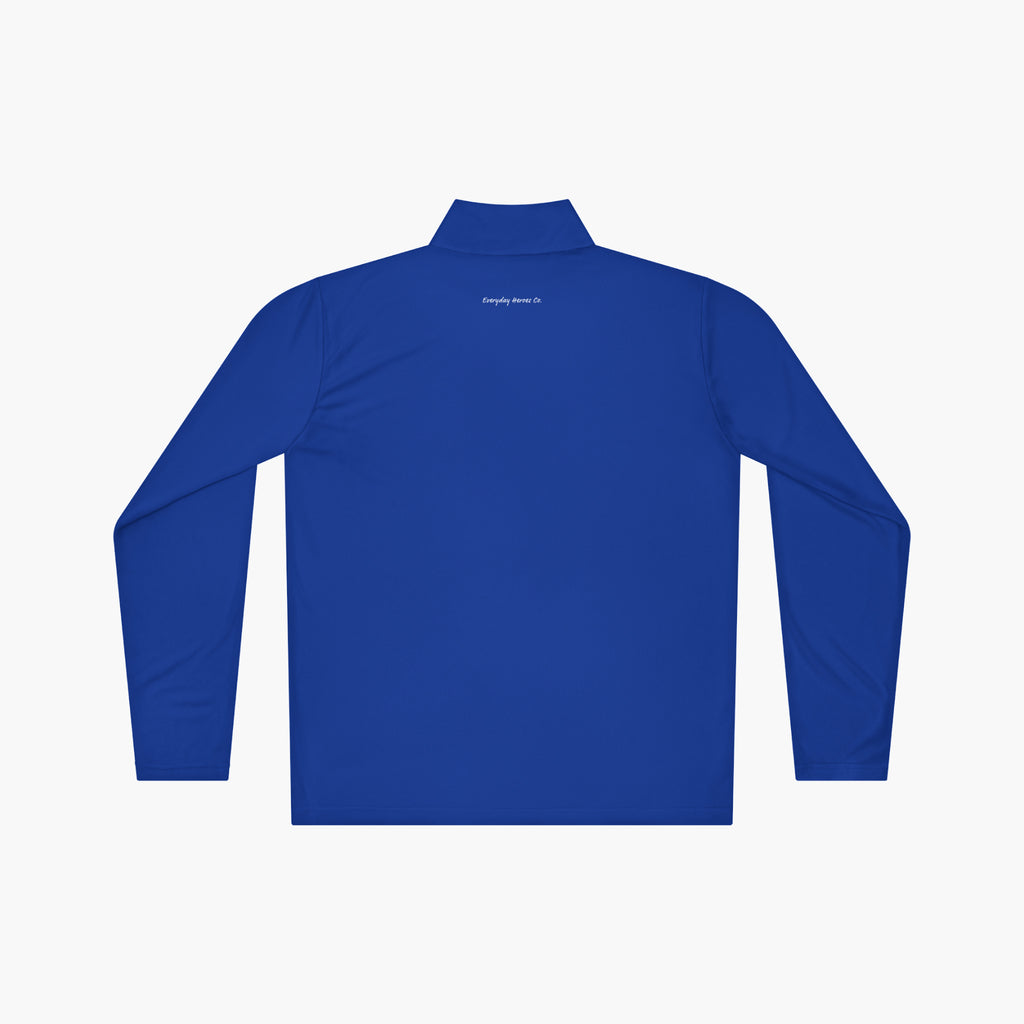 Back of Royal blue long-sleeve quarter zip with 'Everyday Heroes Co' text on a white background