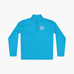 Cyan blue long-sleeve quarter zip with 'Mom Everyday Hero' text and floral illustration on a white background