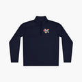 Navy long-sleeve quarter zip with 'Mom Everyday Hero' text and floral illustration on a white background