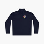 Navy long-sleeve quarter zip with 'Mom Everyday Hero' text and floral illustration on a white background