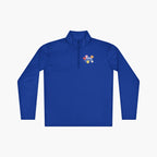 Royal blue long-sleeve quarter zip with 'Mom Everyday Hero' text and floral illustration on a white background