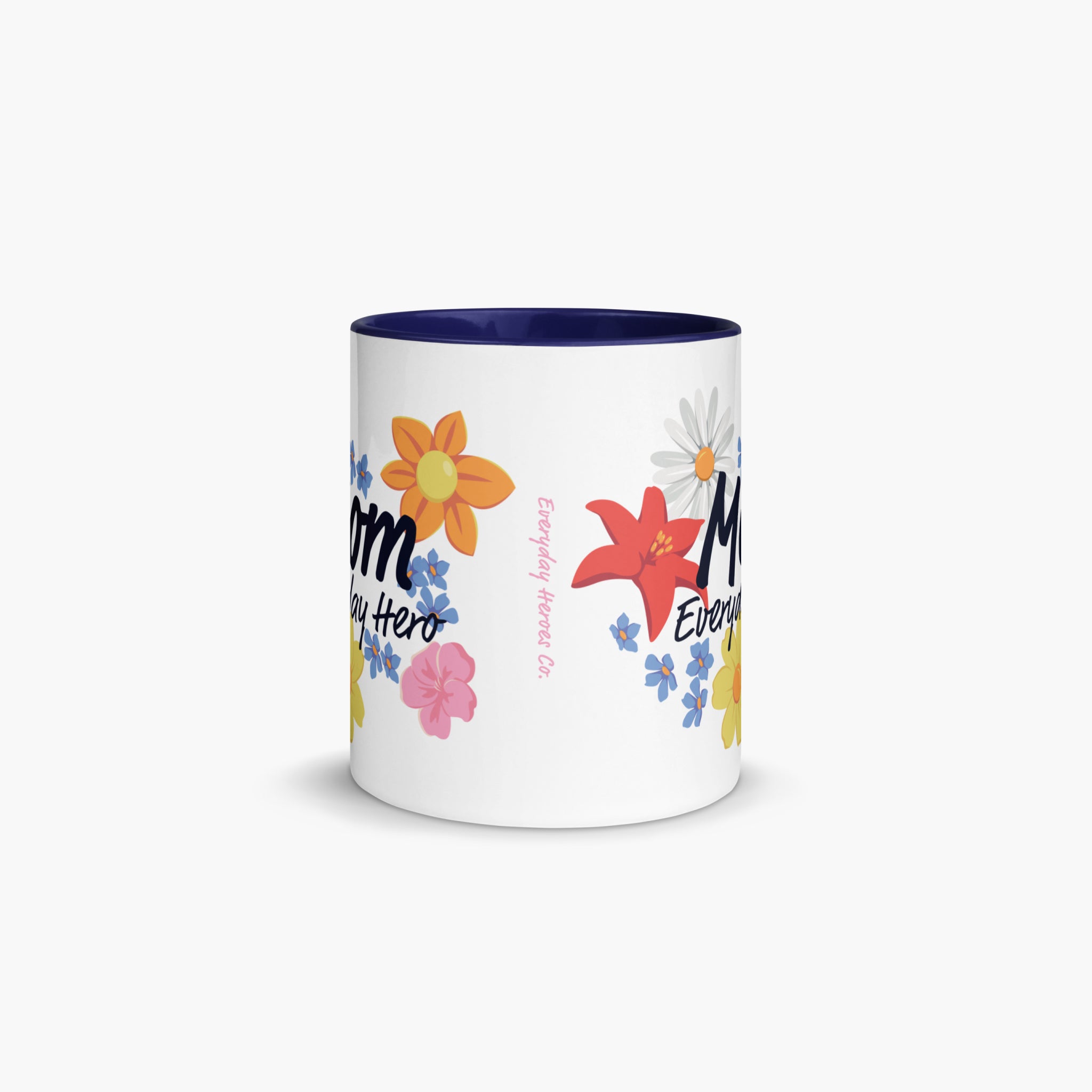 Mug with navy handle and interior featuring 'Mom Everyday Hero' text and colorful flowers on a white background