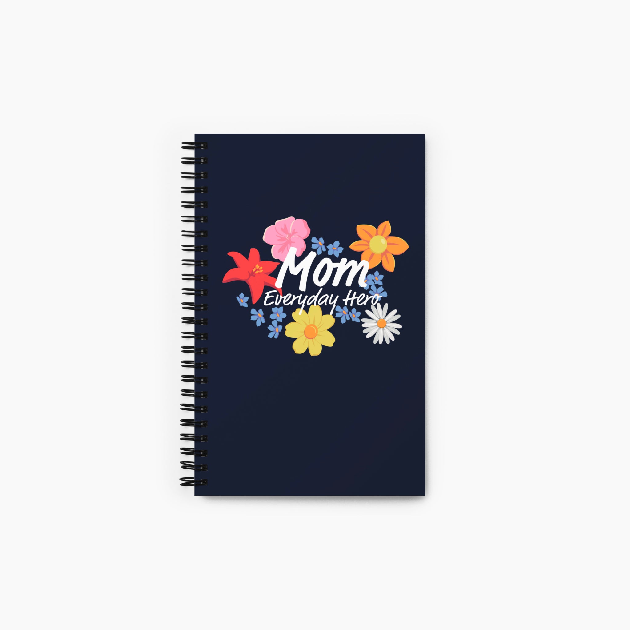 Spiral Notebook with floral design and 'Mom Everyday Hero' text on a white background