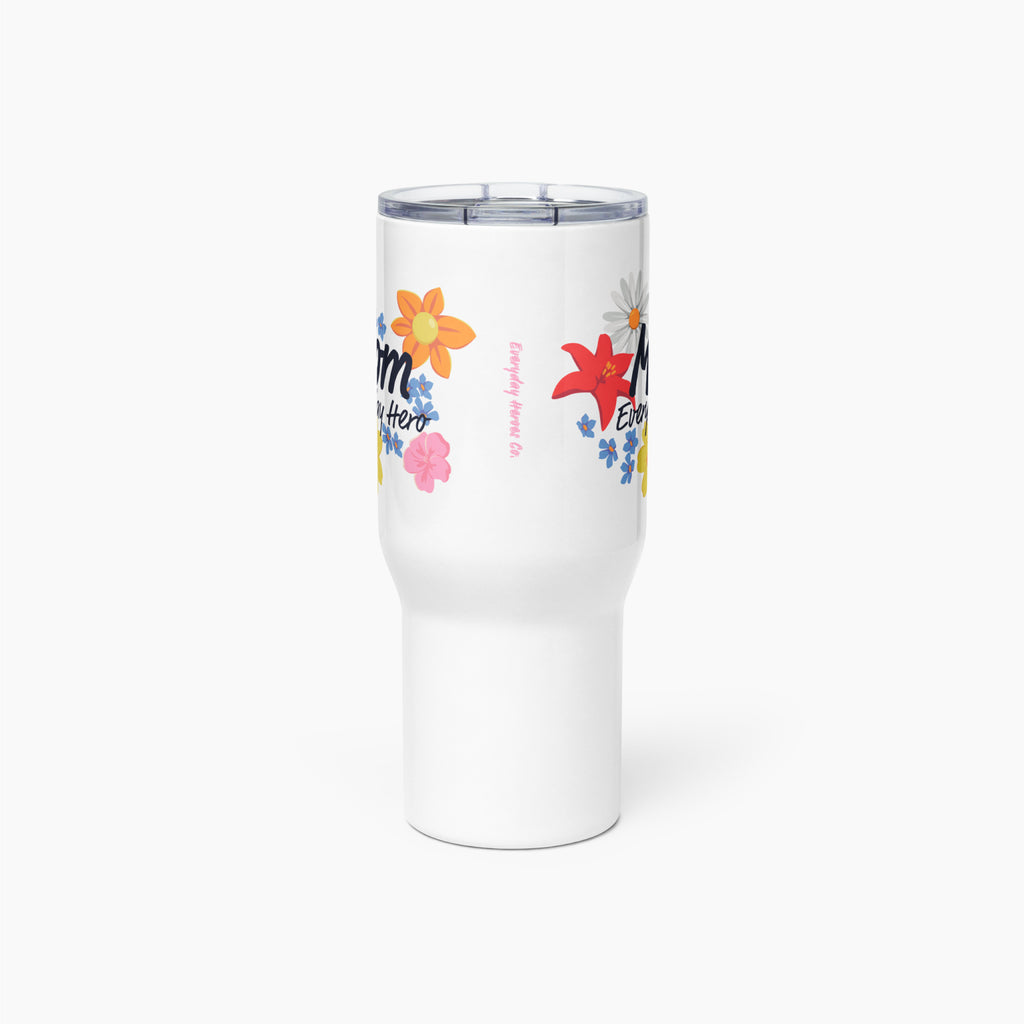 White travel mug with colorful floral design and 'Mom Everyday Hero' text on a white background
