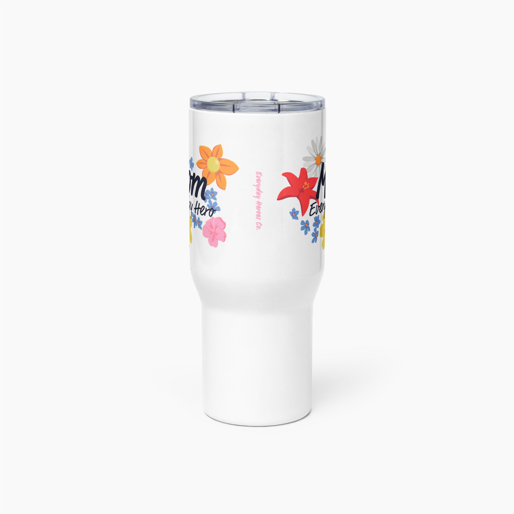 White travel mug with colorful floral design and 'Mom Everyday Hero' text on a white background