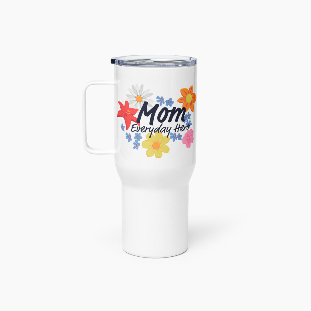 White travel mug with colorful floral design and 'Mom Everyday Hero' text on a white background