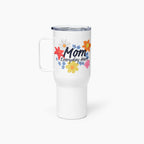 White travel mug with colorful floral design and 'Mom Everyday Hero' text on a white background