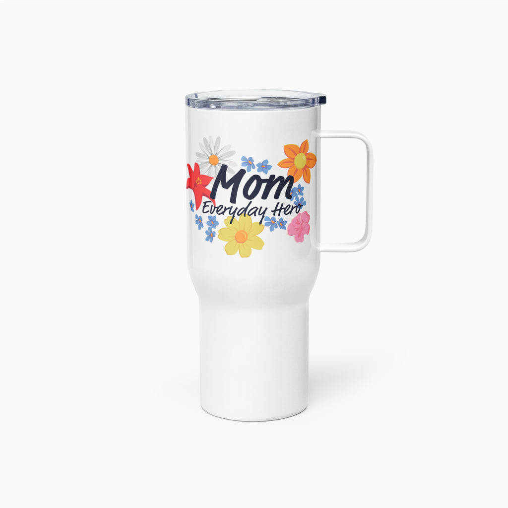 White travel mug with colorful floral design and 'Mom Everyday Hero' text on a white background