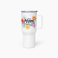 White travel mug with colorful floral design and 'Mom Everyday Hero' text on a white background