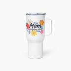 White travel mug with colorful floral design and 'Mom Everyday Hero' text on a white background