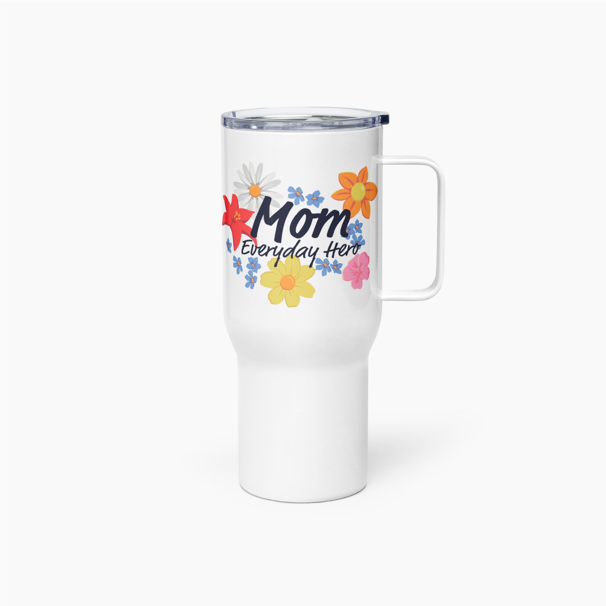 White travel mug with colorful floral design and 'Mom Everyday Hero' text on a white background