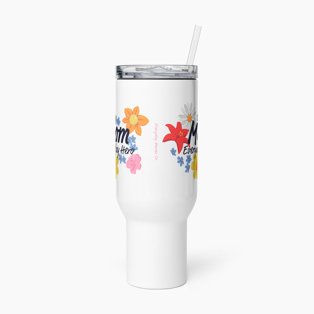 White travel mug with colorful floral designs and 'Mom Everyday Hero' text on a white background