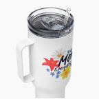 White travel mug with floral designs and 'Mom Everyday' text on a white background