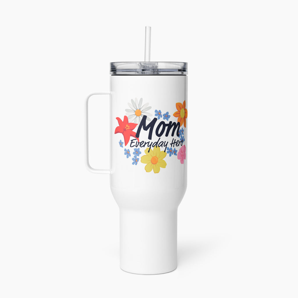 White travel mug with floral designs and 'Mom Everyday Hero' text on a white background