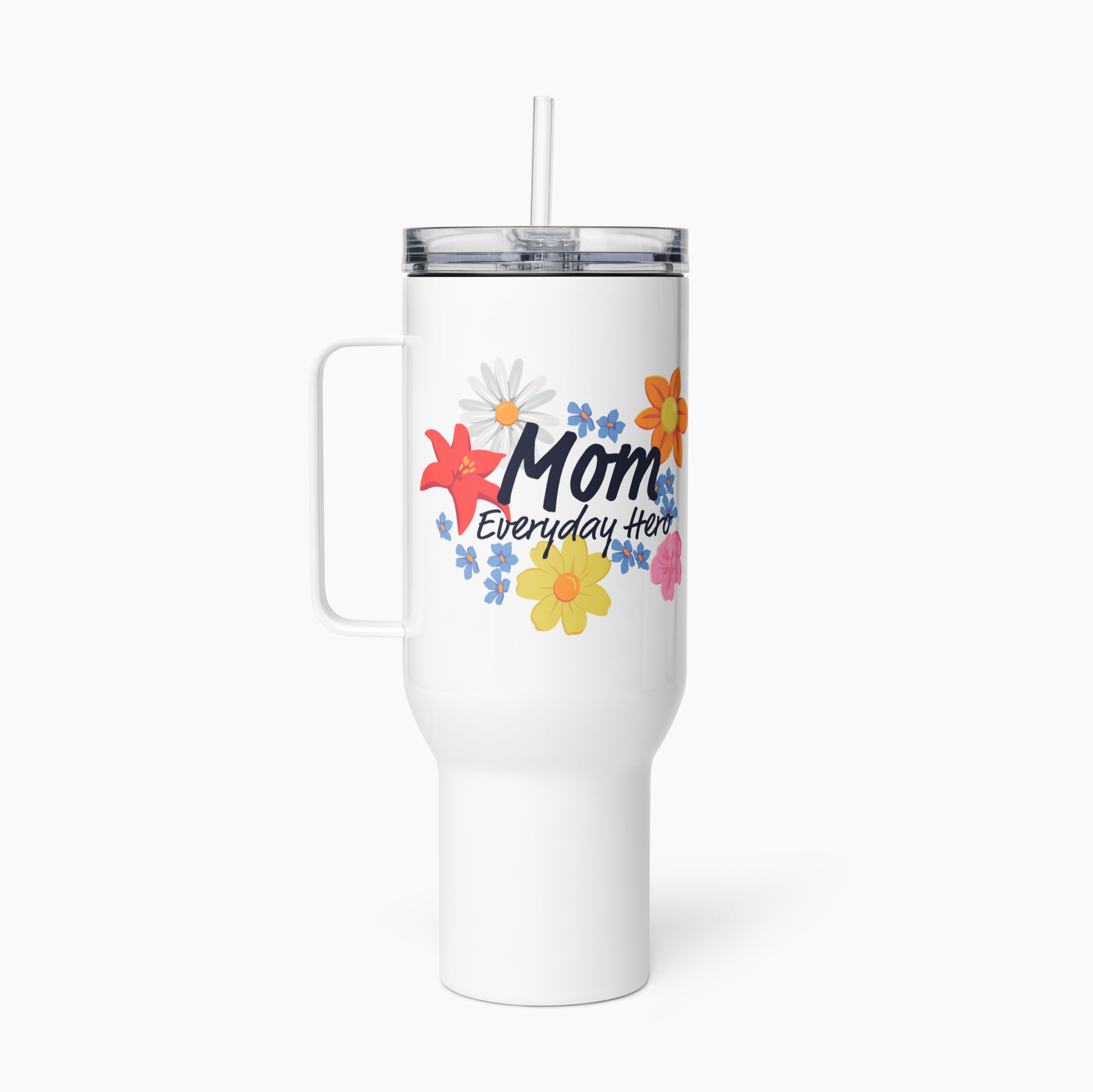 White travel mug with floral designs and 'Mom Everyday Hero' text on a white background