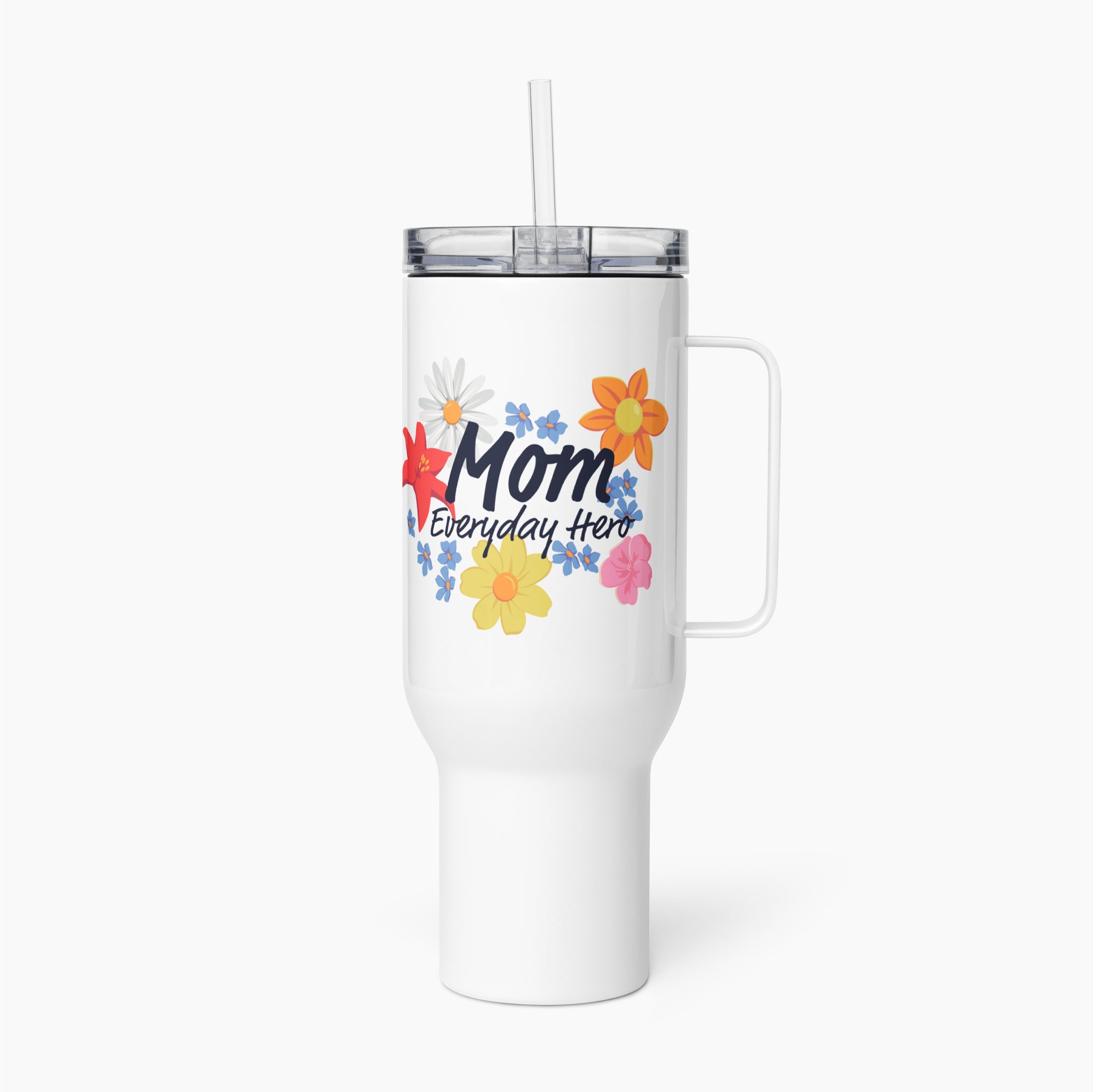 White travel mug with colorful floral design and 'Mom Everyday Hero' text on a white background