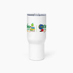 White travel mug with colorful teacher-themed design on a white background