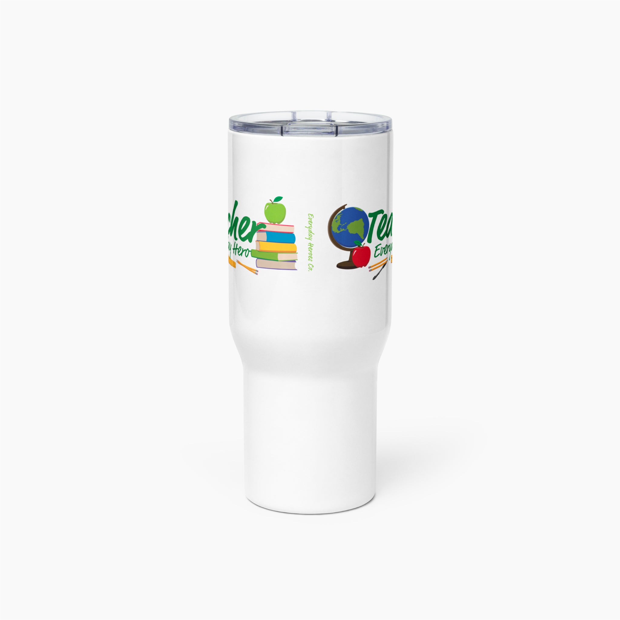 White travel mug with colorful teacher-themed design on a white background