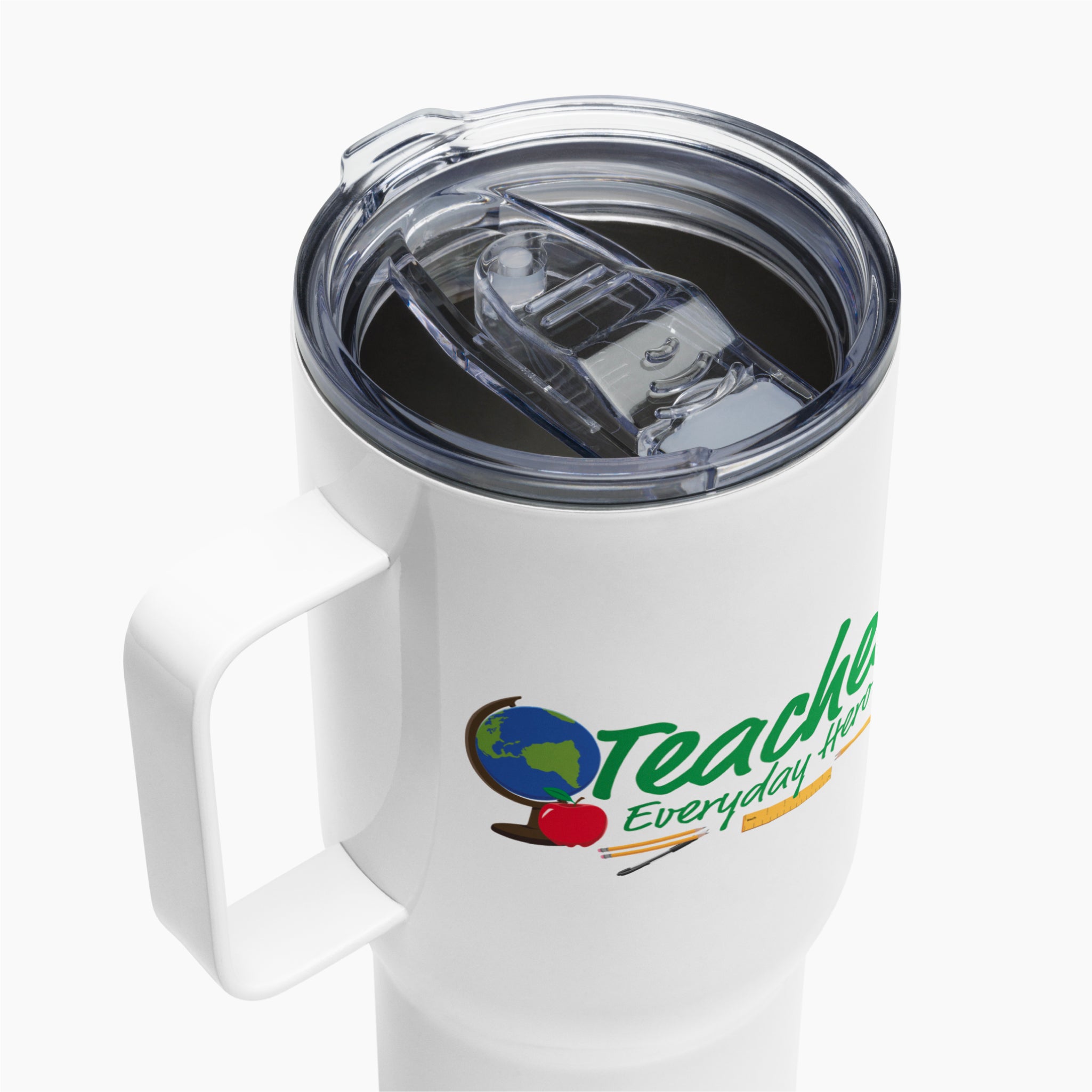White insulated mug with a clear lid featuring text with 'Teacher Everyday Hero' on a white background