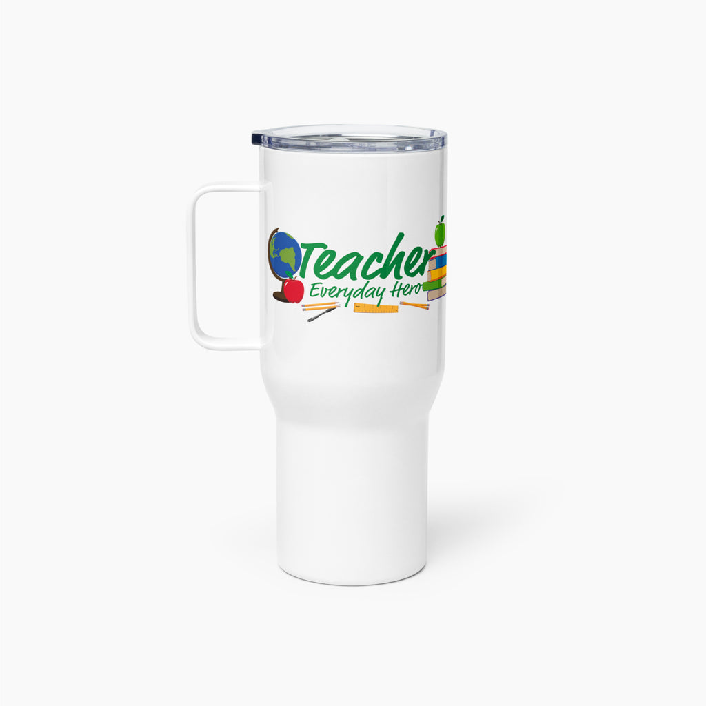 White travel mug with 'Teacher Everyday Hero' text and graphics on a white background