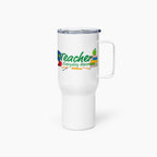 White travel mug with 'Teacher Everyday Hero' text and graphics on a white background