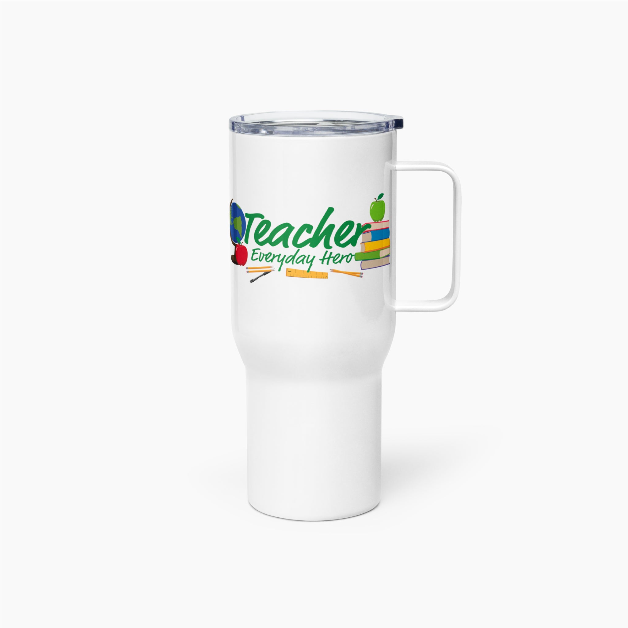 White travel mug with 'Teacher Everyday Hero' text and graphics on a white background