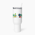 White travel mug with colorful graphics and text on a white background