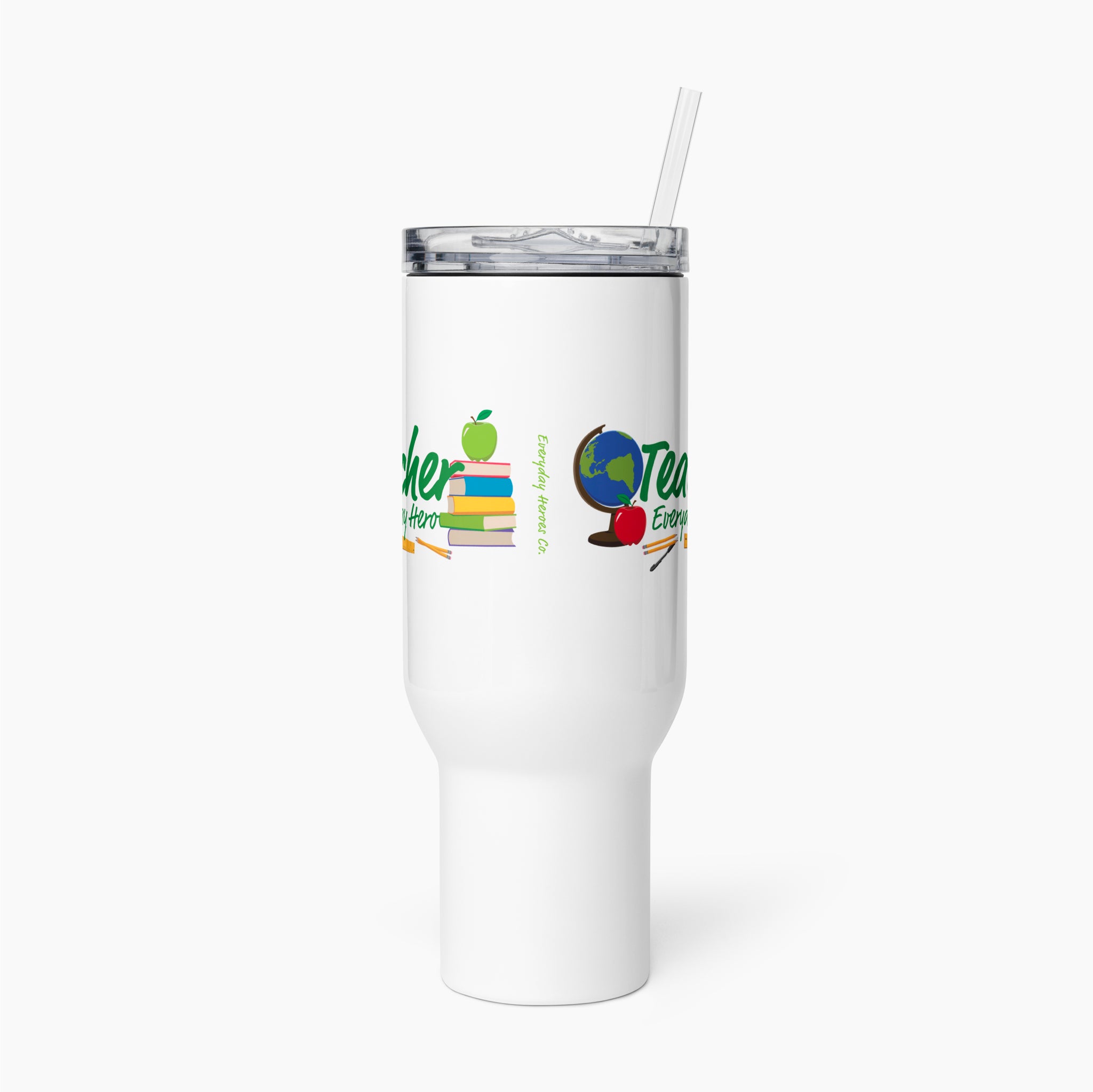 White travel mug with colorful graphics and text on a white background