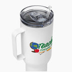 White travel mug with handle and clear lid featuring text with 'Teacher Everyday Hero' on a white background