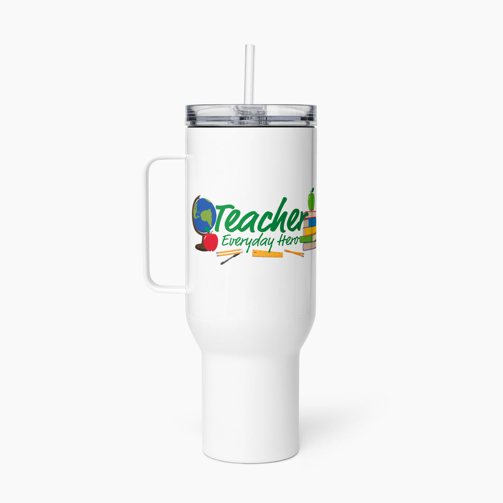 White travel mug with 'Teacher Everyday Hero' text and graphics on a white background