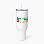 White travel mug with 'Teacher Everyday Hero' text and graphics on a white background