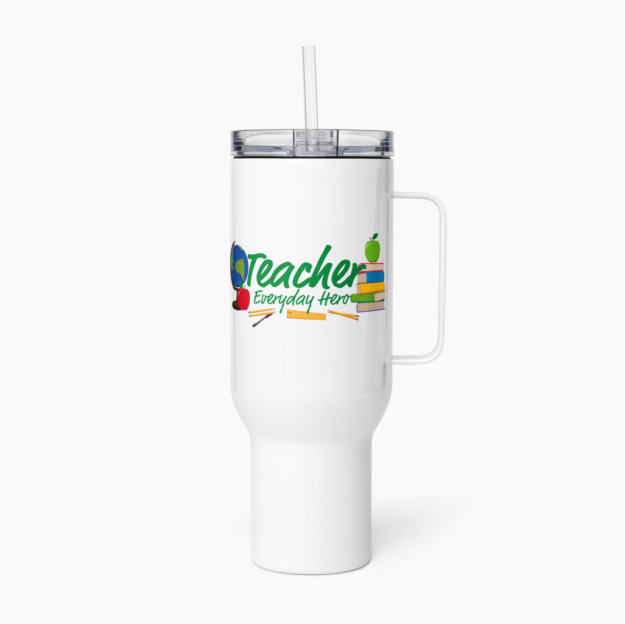 White travel mug with 'Teacher Everyday Hero' text and graphics on a white background