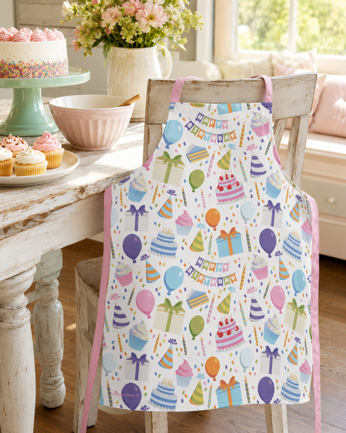 Colorful apron with birthday-themed design hanging on a chair in a kitchen setting.