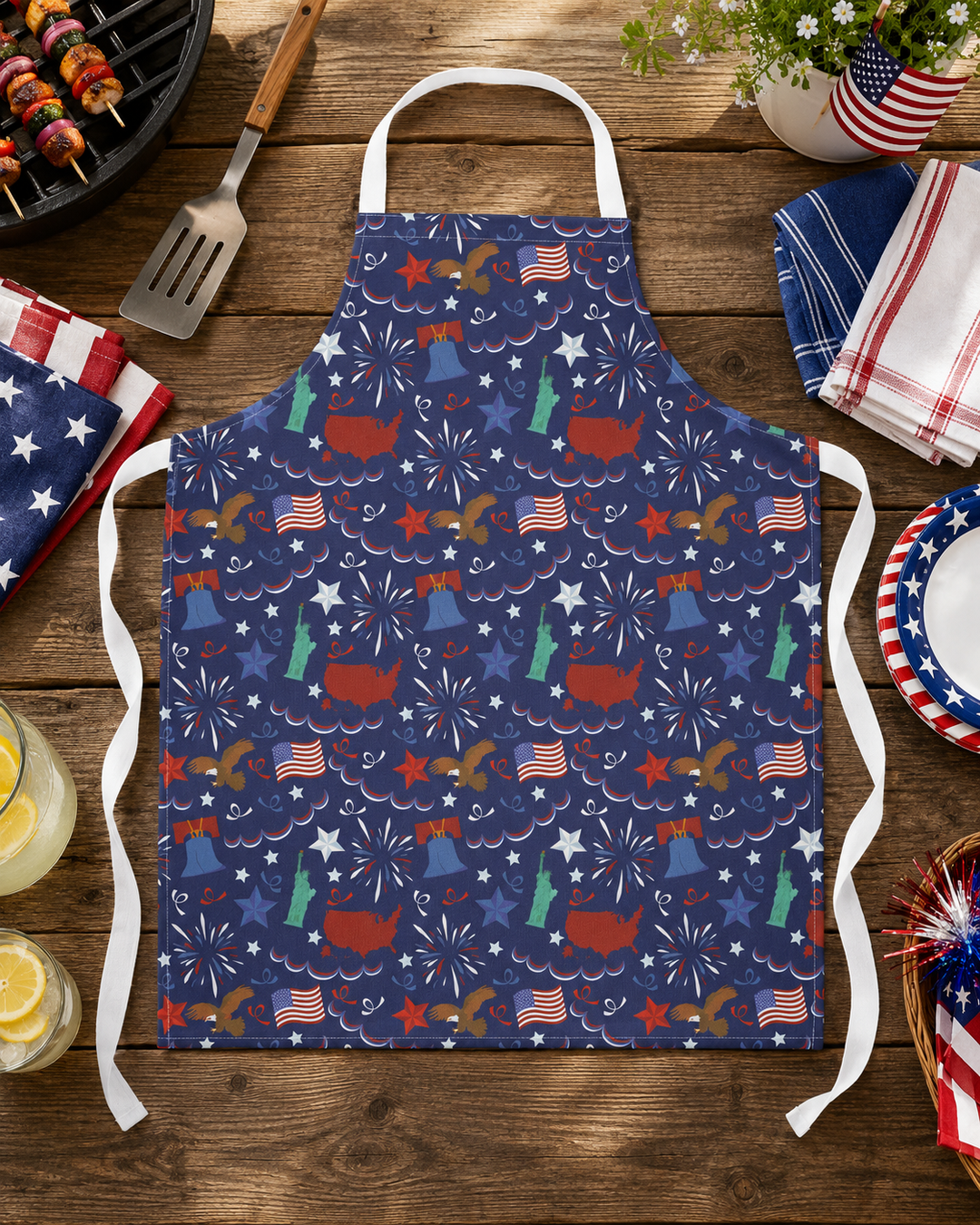 Apron with custom printed patriotic pattern on a wooden table with red, white and blue items.