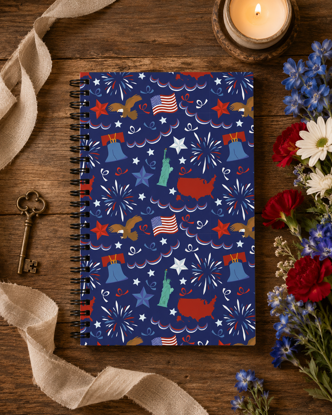 Notebook with custom printed patriotic design on a wooden surface with flowers and a candle.