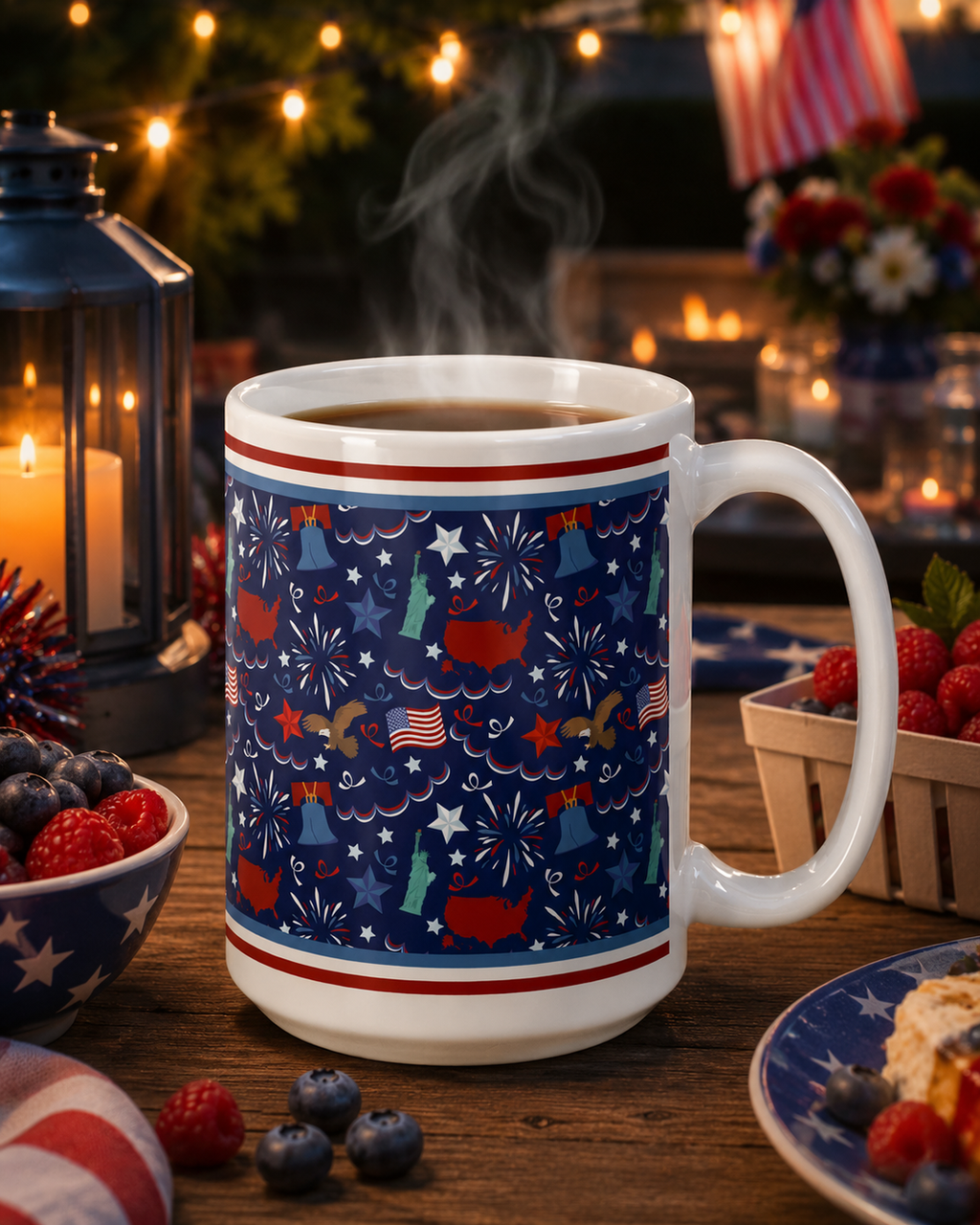 Decorative mug with a custom printed patriotic design on a table with festive evening party background