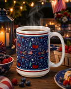 Decorative mug with a custom printed patriotic design on a table with festive evening party background