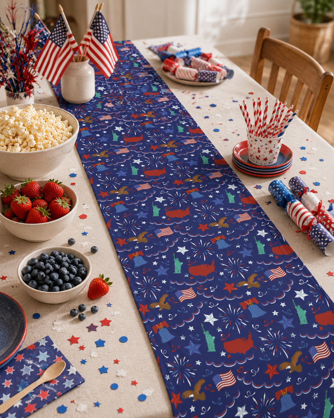 Table setting with a custom printed patriotic table runner featuring red, white, and blue decorations on a dining table.