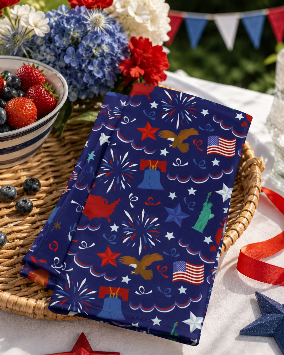 Blue cloth napkin with custom patriotic designs on a table with berries and flowers.
