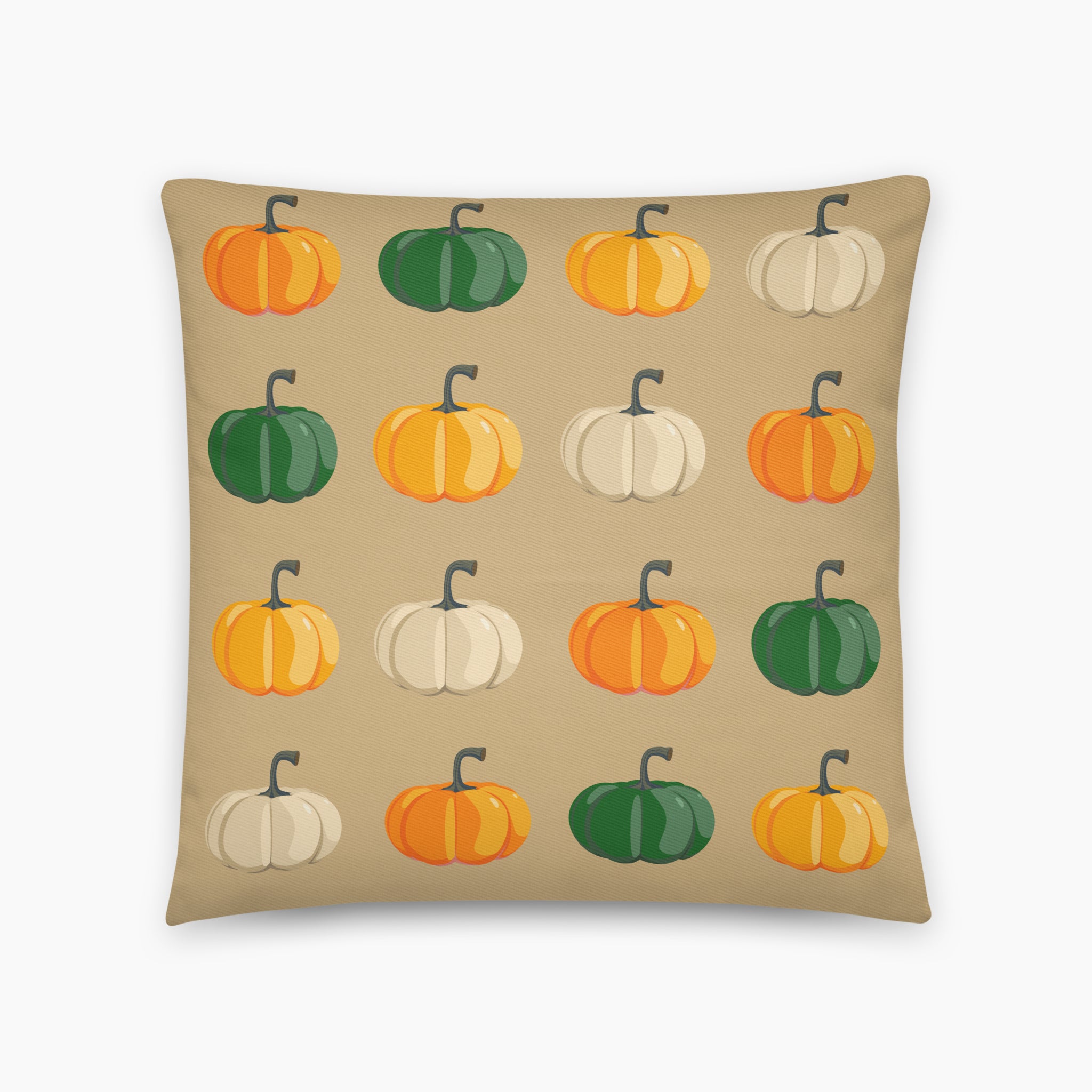 A square throw pillow featuring a repeating pattern of stylized pumpkins in orange, green, and cream on a warm beige background.