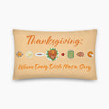 Cream colored throw pillow with Thanksgiving meal graphics and the message "Thanksgiving: Where Every Dish Has a Story" written in script. The pillow is staged on a light-grey studio background.