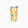 A tall insulated tumbler with a clear lid and black flip cover, decorated with a colorful autumn pattern of sunflowers, pumpkins, leaves, and acrons on a light-grey background.